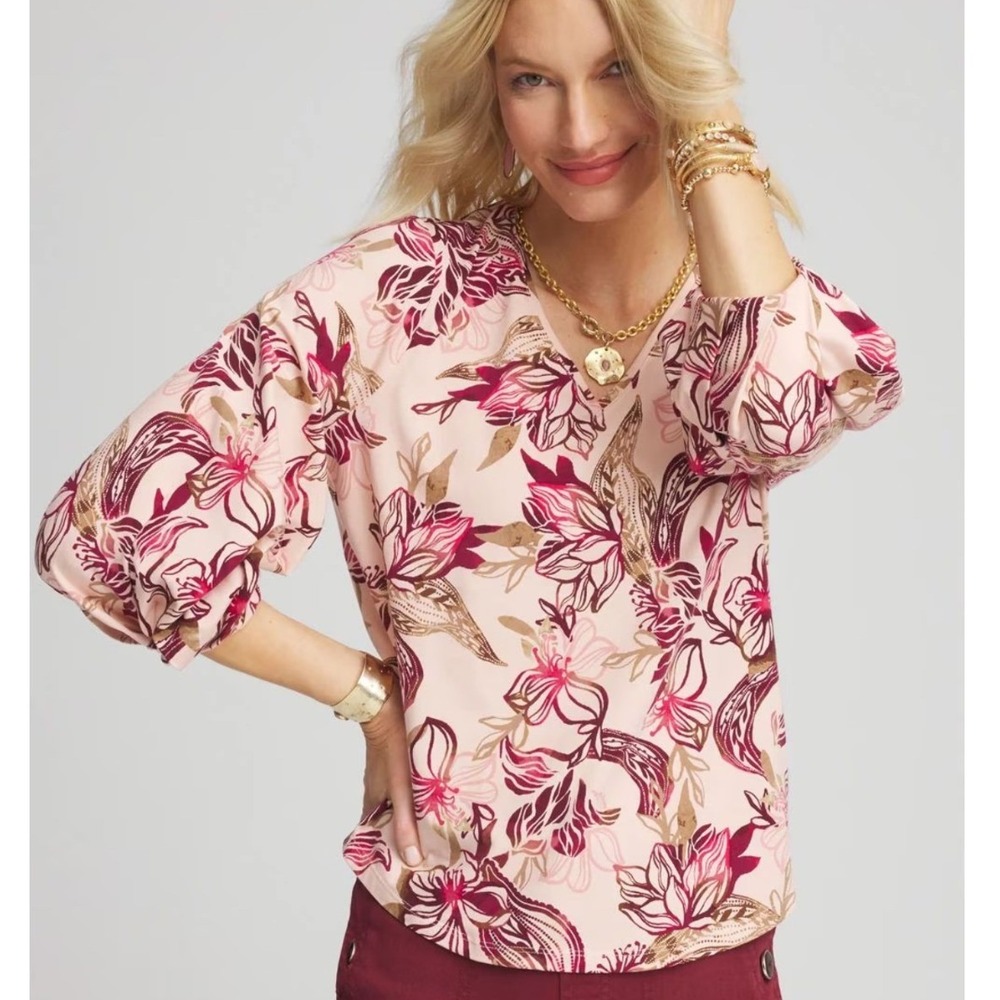 Chico's Flora Oasis Tuck Sleeve Tee Womens 3 XL Pink New Floral V-Neck Top